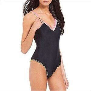 GIanni Bini Black with Neon Multicolor Crochet Trim One Piece Swimsuit Sz L NWT!